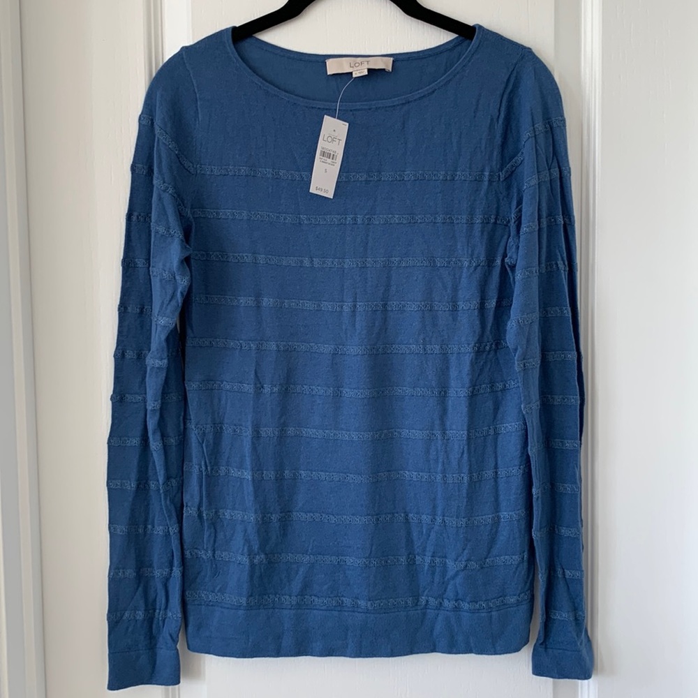 NWT LOFT Blue Lace Stripes Cotton/Rayon Blend Long Sleeves Crewneck Top Size S